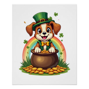 Vintage Lucky Leprechaun Puppy Rainbow Pot of Gold Poster