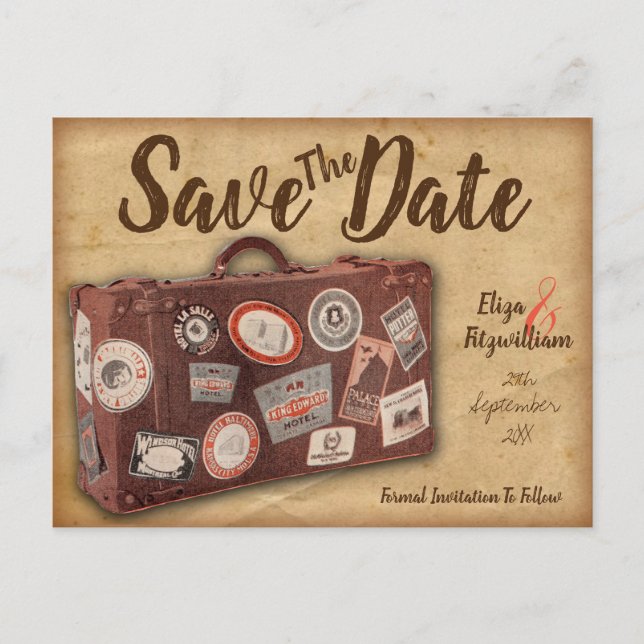 Vintage Luggage Save The Date Postcard (Front)