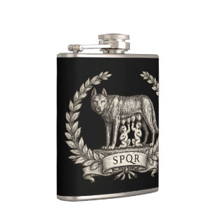 Vintage Lupa Capitolina Romulus Remus SPQR Emblem Hip Flask