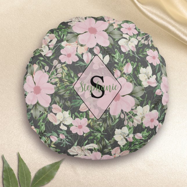 Vintage Lush Pink Botanical Monogram Round Cushion (Creator Uploaded)