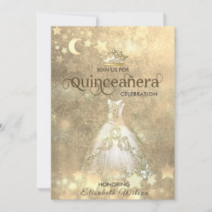 Vintage luxury dress gold tiara Quinceañera Invitation