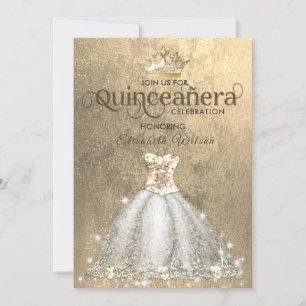 Vintage luxury gold tiara Quinceañera Invitation