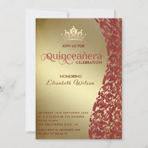 Vintage luxury red damask gold tiara Quinceañera Invitation