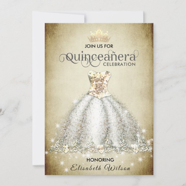 Vintage luxury sparkling dress tiara Quinceañera  Invitation (Front)
