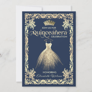 Vintage luxury sparkling dress tiara Quinceañera Invitation