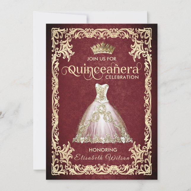 Vintage luxury sparkling dress tiara Quinceañera   Invitation (Front)