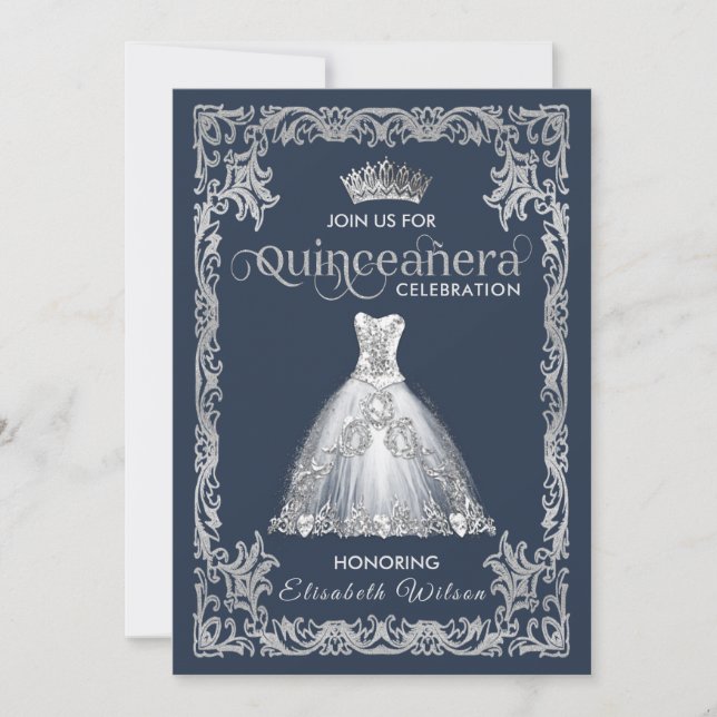 Vintage luxury sparkling dress tiara Quinceañera   Invitation (Front)