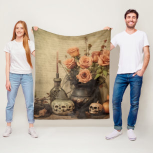 Vintage Macabre Roses Skulls Sepia Fleece Blanket
