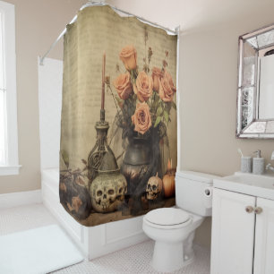 Vintage Macabre Roses Skulls Sepia Shower Curtain