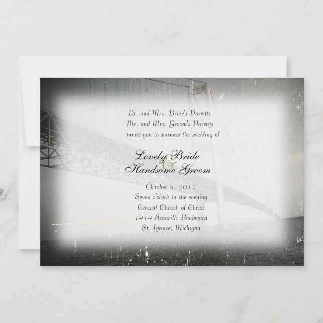 Vintage Mackinac Bridge Grey Wedding Invitation (Front)