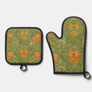 Vintage Mackmurdo Rose and Leaf Floral Art Oven Mitt & Pot Holder Set