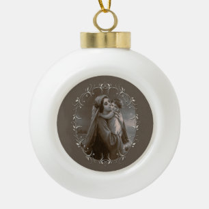Vintage Madonna and Child with Silver Frame Ceramic Ball Christmas Ornament