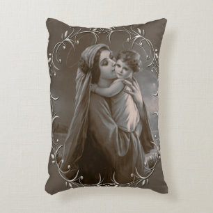 Vintage Madonna and Child with Silver Frame Decorative Cushion
