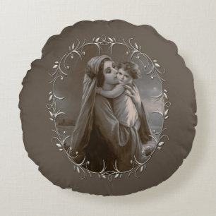 Vintage Madonna and Child with Silver Frame Round Cushion