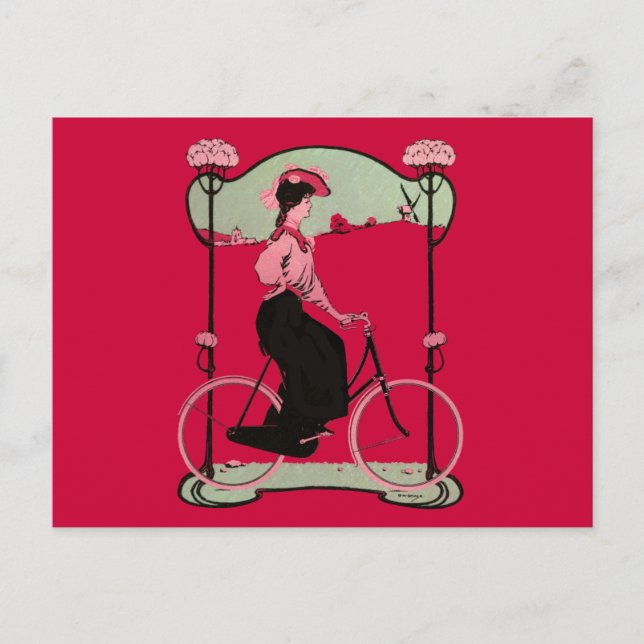 Vintage Magenta Bicycle Woman Antique Bike Nouveau Postcard (Front)