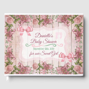 Vintage Magenta Roses Distressed Wood Baby Shower Guest Book