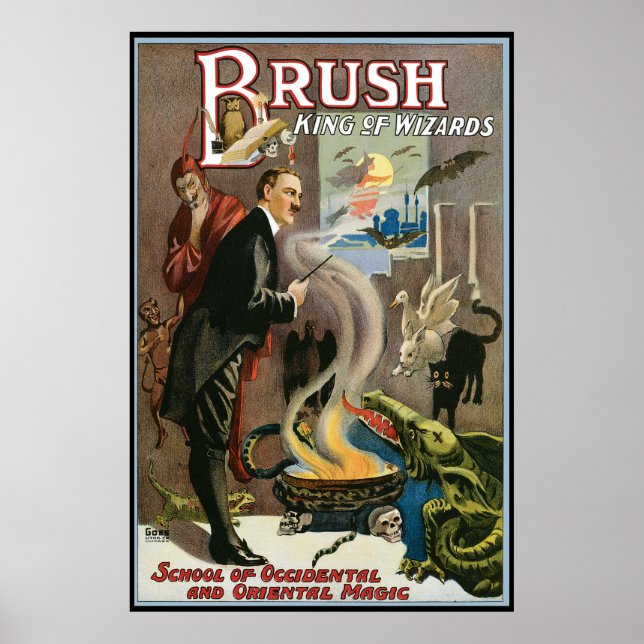 Vintage Magic Poster, Brush, King of Wizards Poster (Front)