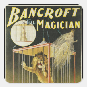 Vintage Magic Poster, Magician Bancroft and Lion Square Sticker