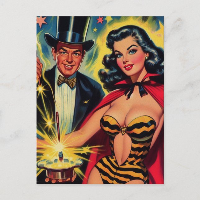 Vintage Magician Pin Up Postcard (Front)
