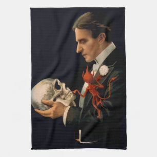 Vintage Magician, Thurston Holding a Human Skull Tea Towel