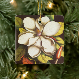 Vintage Magnolia Flowers Plant With Seeds Ceramic Ornament