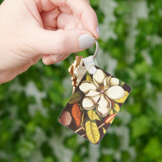 Vintage Magnolia Flowers Plant With Seeds Key Ring