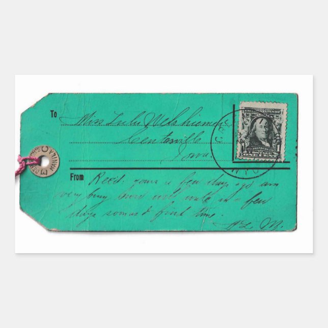Vintage Mail Tag with Cancelled Postage (Front)