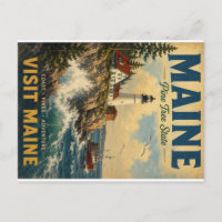 Vintage Maine Coast Travel Poster with Lighthouse