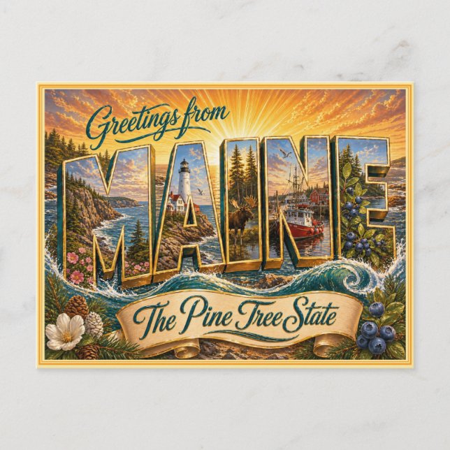 Vintage Maine Greeting From Postcard (Front)