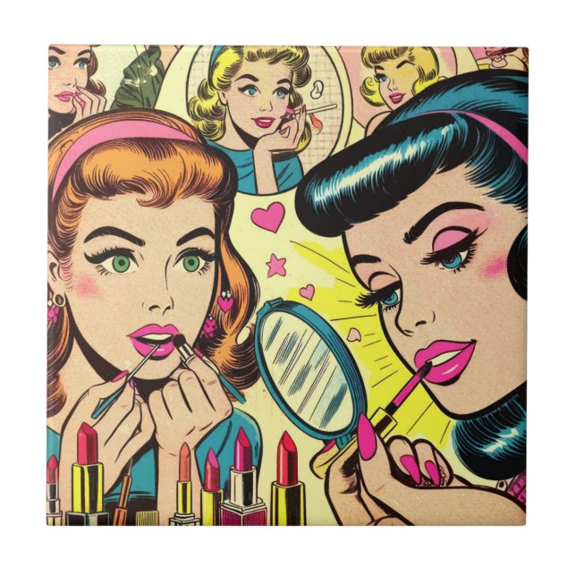 Vintage Makeup Girls Comics Ceramic Tile (Front)