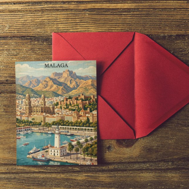 Vintage Malaga Spain Travel Artwork Postcard (Retro Malaga Spain Travel Postcard)