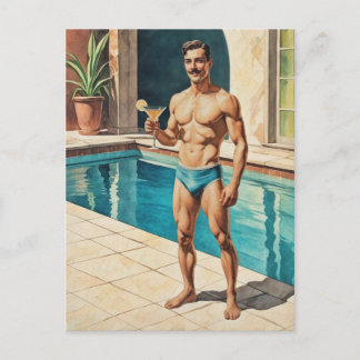 Vintage Male Pinup Zaddy | Retro Poolside Hunk Postcard
