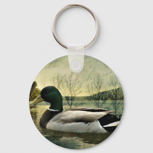 Vintage Mallard Duck Weathered Postcard Key Ring