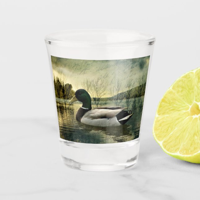 Vintage Mallard Duck Weathered Postcard Shot Glass (Front)