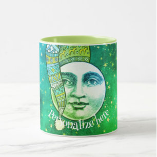Vintage man in moon whimsical winter hat blue gree mug