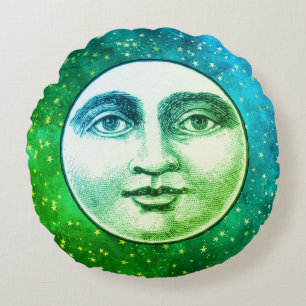 Vintage man in the moon full face teal blue green round cushion