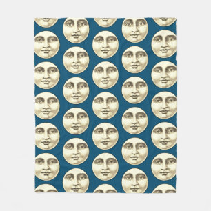 Vintage man in the moon full moon face blue fleece blanket