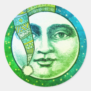 Vintage man moon full face blue green winter hat  classic round sticker