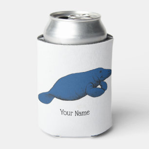 Vintage Manatee Drawing Blue Can Cooler