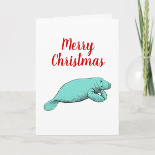 Vintage Manatee Drawing Christmas Xmas Aqua Holiday Card