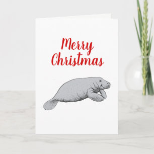 Vintage Manatee Drawing Christmas Xmas Holiday Card
