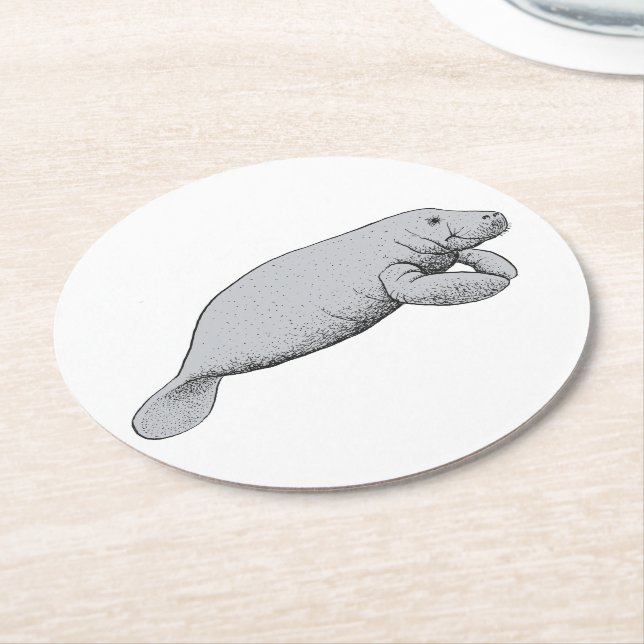 Vintage Manatee Drawing Round Paper Coaster (Angled)