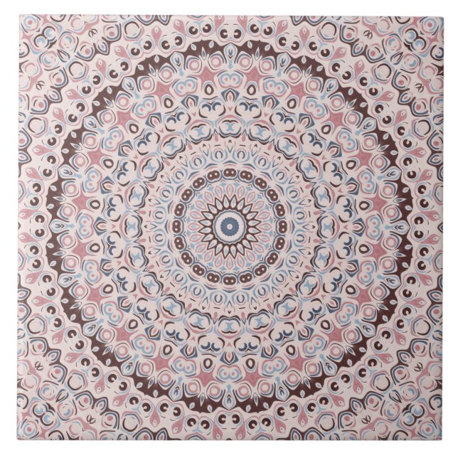 Vintage Mandala in Rose, Brown, and Blue Ceramic Tile (Front)
