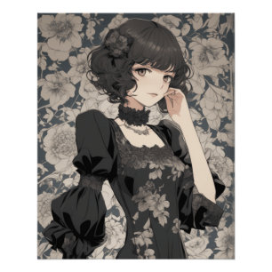 Vintage Manga Girl in LBD - Retro Elegance Anime Poster