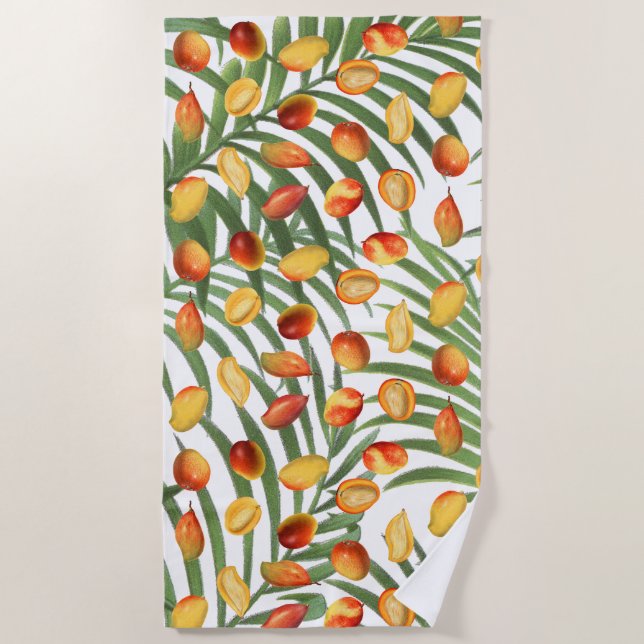 Vintage Mango & Greenery Summer Fruit Pattern Beach Towel (Front)