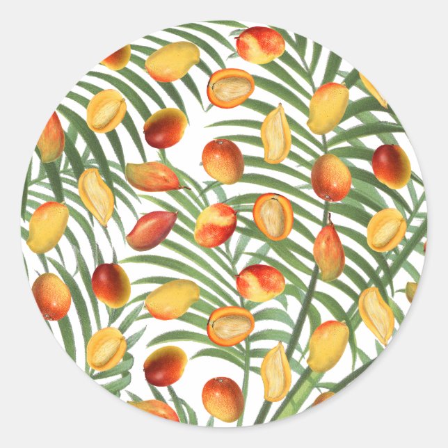 Vintage Mango & Greenery Summer Fruit Pattern Classic Round Sticker (Front)