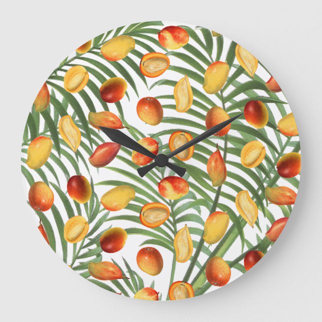 Vintage Mango & Greenery Summer Fruit Pattern Large Clock (Front)