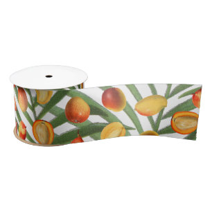 Vintage Mango & Greenery Summer Fruit Pattern Satin Ribbon