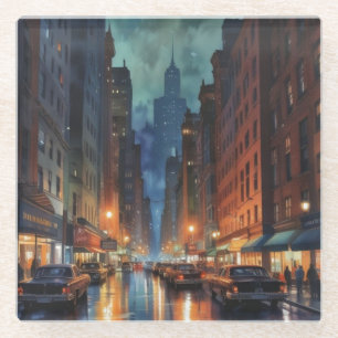 Vintage Manhattan New York City Night Painting Glass Coaster