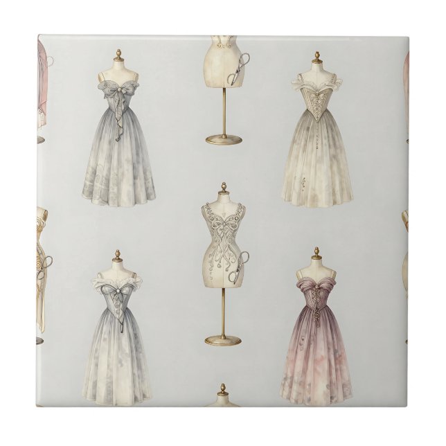 Vintage Mannequin Ballgown Pattern Ceramic Tile (Front)